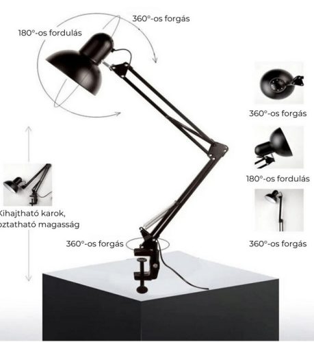 Rögzíthető, kihajtható karú asztali tervezői lámpa