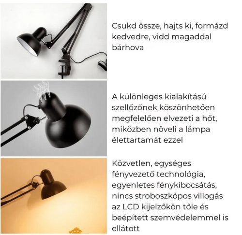Rögzíthető, kihajtható karú asztali tervezői lámpa