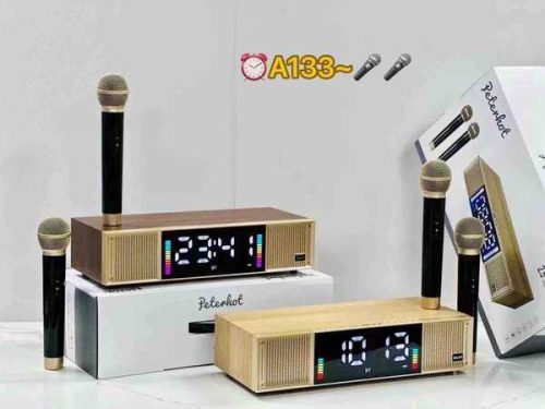 Peterhot Karaoke Speaker Set, fa borítású hangszóró és két vezeték nélküli mikrofon