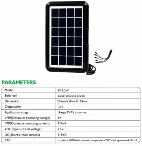 EASY POWER 6V 3.2W hordozható napelem panel – kisfeszültségű eszközök töltéséhez