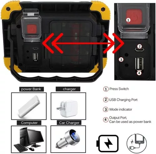 Kültéri LED Reflektor – 10W, USB-ről tölthető, IP65 vízálló, 4 világítási mód