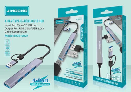 JINGONG KOS-9027 – 4 az 1-ben USB HUB Type-C és USB csatlakozással