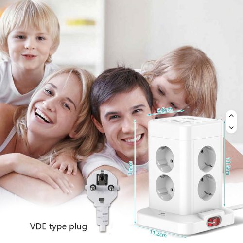 WINNING STAR  Elosztótorony – 8 aljzat + 3 USB + 1 Type-C, 2500W