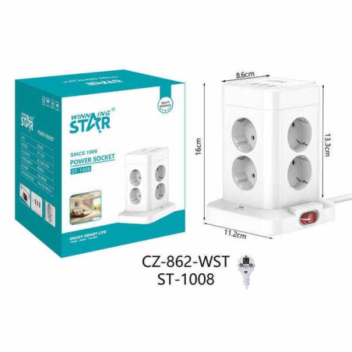 WINNING STAR  Elosztótorony – 8 aljzat + 3 USB + 1 Type-C, 2500W