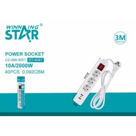  Winning Star Hálózati Kábel Hosszabbító – 3M, 3 Aljzat, USB és Type-C Portok