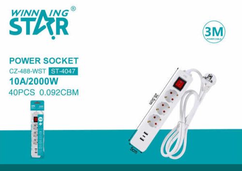 Winning Star Hálózati Kábel Hosszabbító – 2M, 3 Aljzat, USB és Type-C Portok