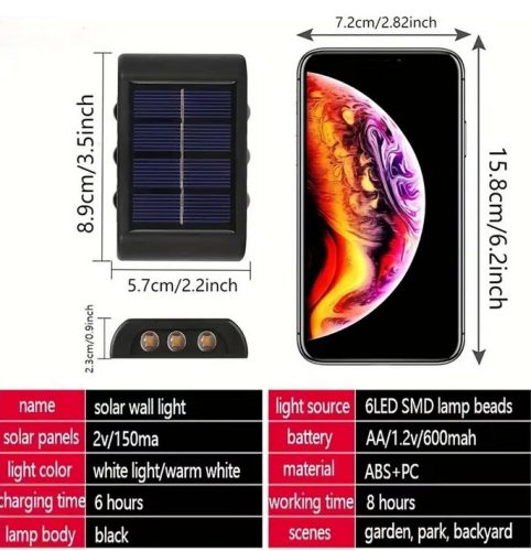 Napelemes Fali Lámpa – Kétirányú Fénykibocsátás - 2 db