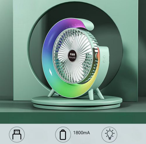 Színes hordozható ventilátor – USB töltésű, 1800mAh akkumulátorral és beépített világítással